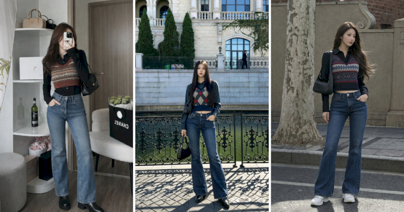 Sơ mi slim fit tối màu phối gile họa tiết và quần jeans ống loe